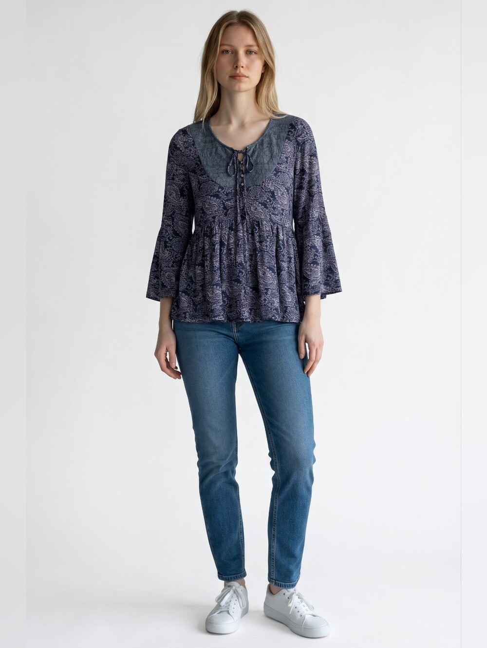 Akemi + Kin Anthropologie Blue Paisley Mixed Media Tie Front Peplum Top Size XS